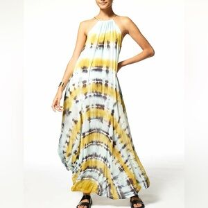 YOUNG FABULOUS & BROKE ELIE TRAPEZE TIE DYE MAXI DRESS OLIVE HARMONY